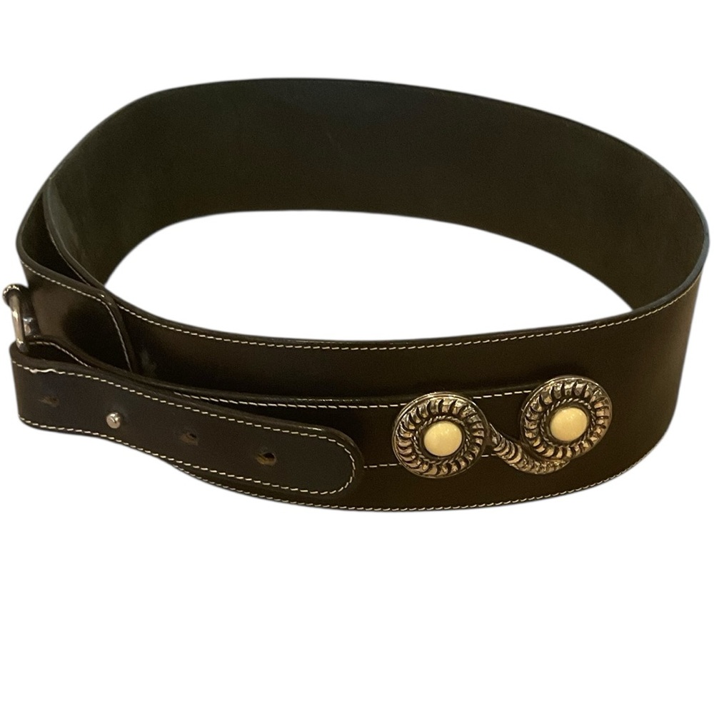 Leather belt with silver tone conchos and buckle